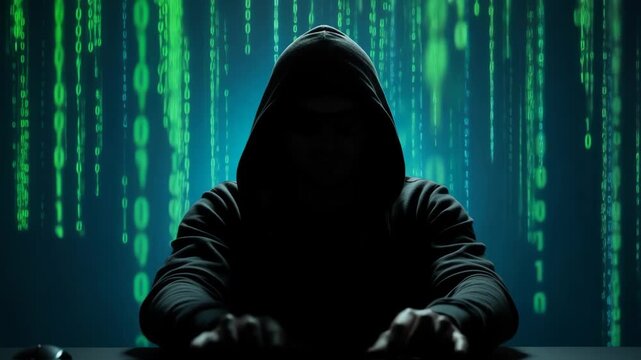Mysterious figure in dark hoodie sits at computer, illuminated by green binary code, creating an atmosphere of secrecy and intrigue in the digital world of hacking and cybersecurity	