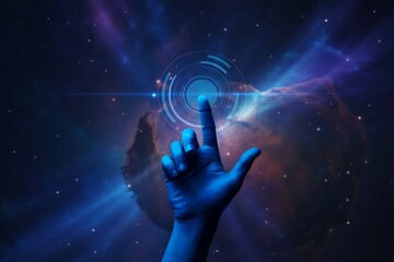 Blue hand touching digital interface in cosmic nebula finger