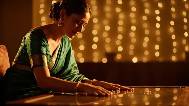woman in sari lights diya on table. flame from lamp casts light. bangle on hand rests near cushion. ritual involves careful placement of diya. string light backdrop produces bokeh. reflection on top.