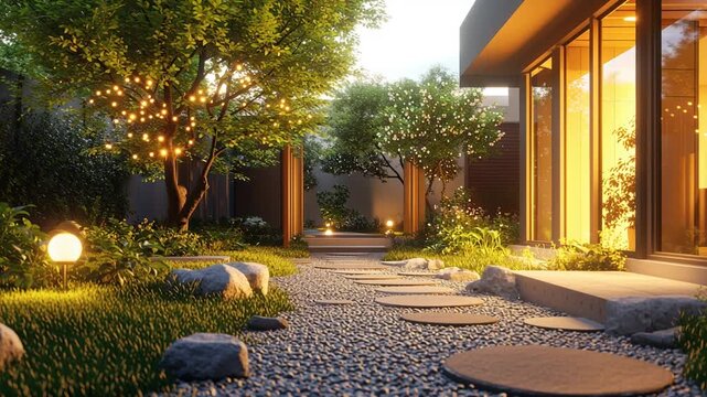 Enchanting garden path with twinkling lights leads to modern home at dusk