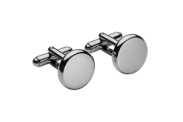 Elegant polished silver round cufflinks for formal wear, isolated on white background.