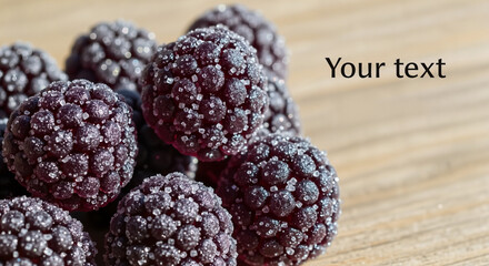 Gummy blackberries made from translucent jelly candy on wooden background - Fruits made from gummy candies