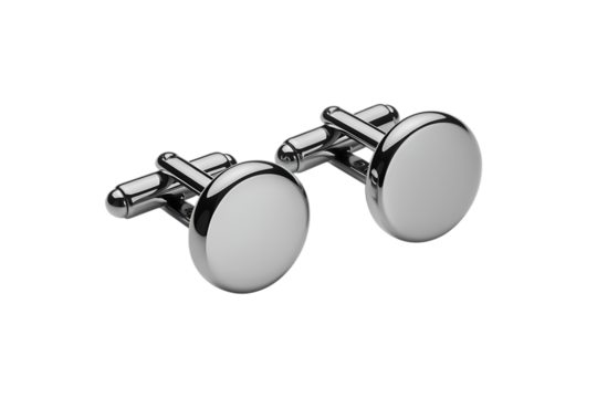Elegant polished silver round cufflinks for formal wear, isolated on white background.