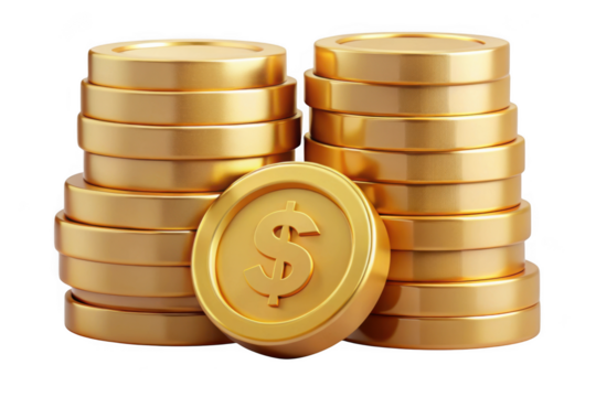 Stacks of golden dollar coins illustration, currency, finance, investment, wealth, savings, economy, business, money, treasure, jackpot isolated on transparent background