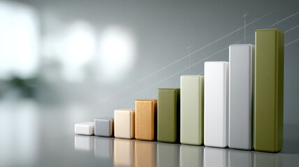 Modern 3D bar chart with metallic and neutral colors, financial growth concept, reflective surface, business success, upward trend