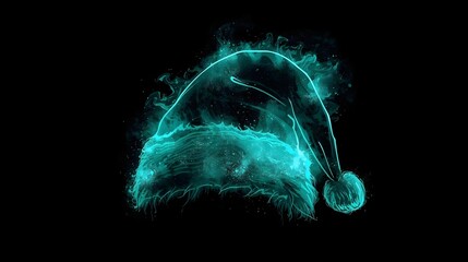 Glowing Cyan Santa Hat Silhouette with Ethereal Smoke and Digital Sparks