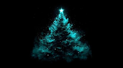 Mystical Glowing Cyan Christmas Tree with Bright Star on a Black Background