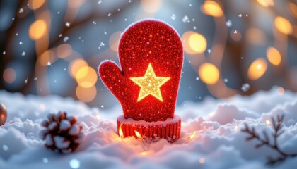 Bright red glittery mitten with glowing yellow star sits in soft snow with bokeh lights