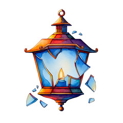 A broken vintage lantern with shattered glass isolated on transparent background