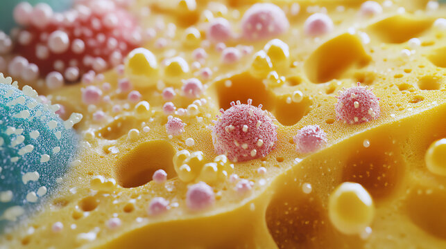 3D macro visualization of microorganisms trapped in kitchen sponge, cleaning hygiene awareness