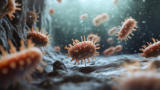 3D visualization of microscopic germs thriving indoors during winter, seasonal outbreak awareness