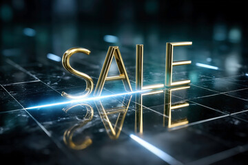 Futuristic Golden Sale Text with Neon Light Beam on Dark Tiled Floor