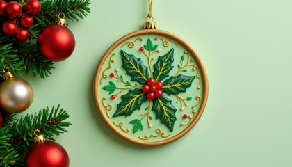 Holiday ornament featuring holly design hangs near lush green pine branches with red and gold baubles