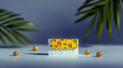A small, decorative box with a yellow top featuring a black leaf pattern and a white bottom with gold polka dots, surrounded by golden spheres and blurred green