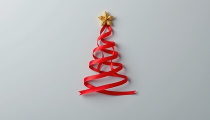 Minimalist Christmas tree shape constructed from a single coiled red ribbon topped with a gold star