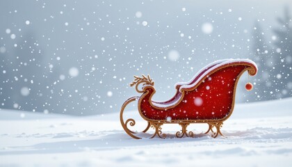 Ornate red and gold sleigh resting in deep snow during a gentle winter snowfall