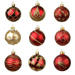 Collection of nine red and gold christmas ornaments with glittering designs, holiday decoration elements, isolated on transparent background