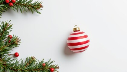 Festive red and white striped Christmas ornament rests near green pine branches with bright red berries