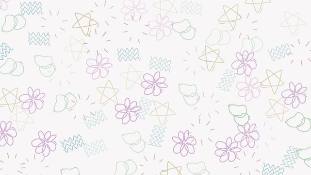 Whimsical pattern with light stars, flowers, zigzags, beans, and sunbeams icons. Suitable for backgrounds, textiles, and stationery designs