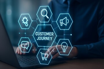 Customer journey mapping with marketing icons and glowing path visualization