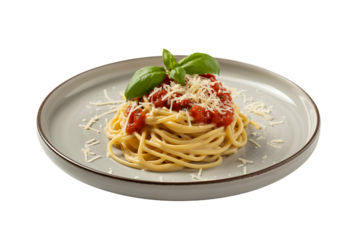 Delicious spaghetti with tomato sauce and fresh basil, topped with grated cheese on a modern plate.