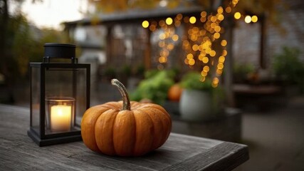 A small orange pumpkin and a lantern with a lit candle sit on a wooden table outdoors at dusk with glowing string lights creating a bokeh effect in the background - Powered by Adobe