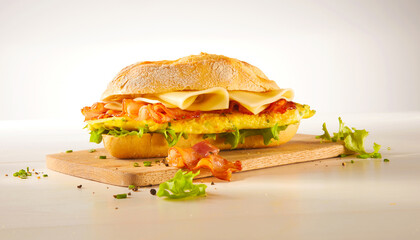 Belegtes Broetchen mit Schinken Ei und Kaese, Sandwich, gesund, isoliert, Schinken, Brötchen, 