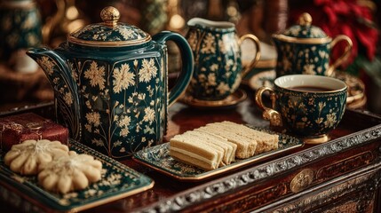 Ornate tea set displays intricate teapot, sweet cookies, elegant sandwiches on rich wooden tray.