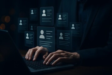 Digital recruitment process with candidate profiles on laptop screen