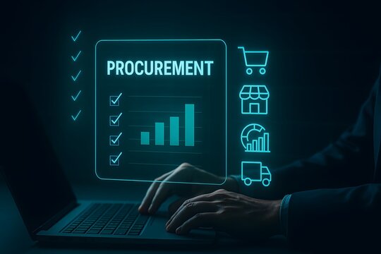 Digital procurement checklist with icons for sourcing and logistics