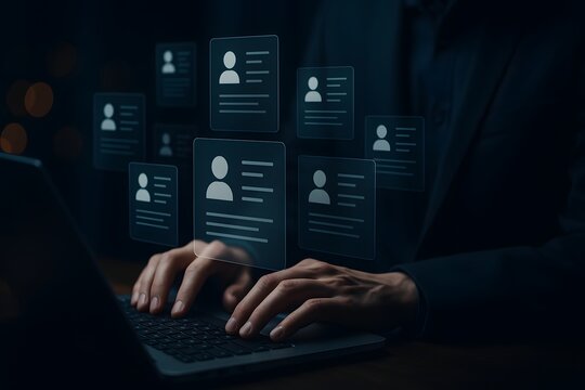 Digital recruitment process with candidate profiles on laptop screen