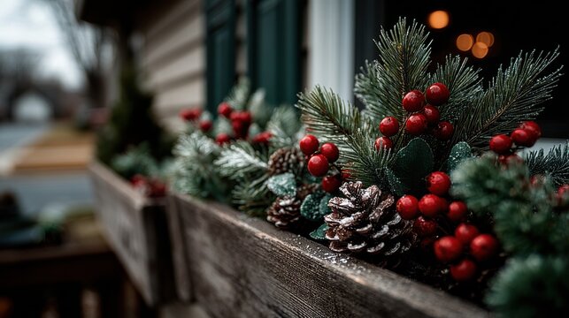 Rustic window box displays evergreen foliage red berries pinecones frosted for festive winter holiday.