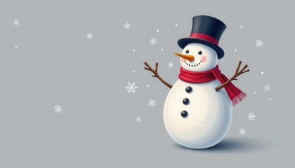 Cheerful three ball snowman wearing a black top hat and red scarf stands in gentle snowfall