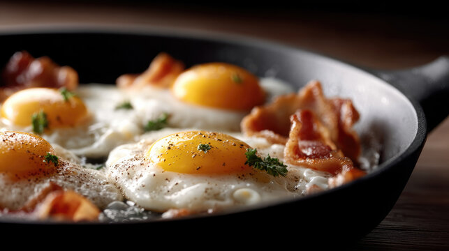 Fried egg bacon skillet breakfast parsley closeup cooked yellow yolk morning meal protein