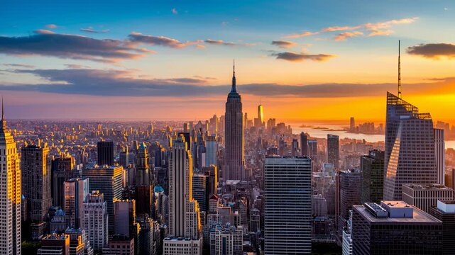 Skyline of New York City at sunset with iconic skyscrapers, symbolizing architecture, travel, modern lifestyle, tourism, culture, business and advertising opportunities.