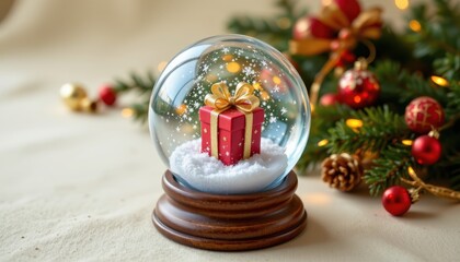 Glass snow globe featuring a red gift box with a gold bow resting on snow beside evergreen decorations