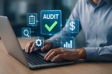 Financial audit verification with checklist search gear and revenue icons