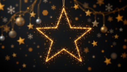 Glowing golden star decoration with bokeh lights ornaments and blurred festive elements against black