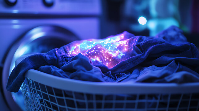 UV illuminated pathogens on folded clothes in laundry basket, household hygiene concept