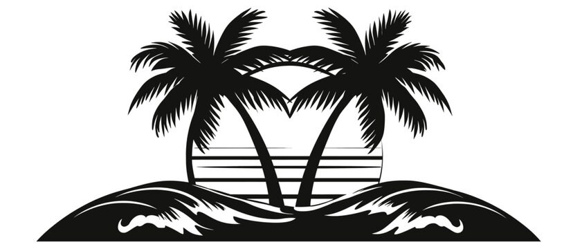 Tropical scene silhouette twin palm trees on an island, ocean waves, and a setting sun