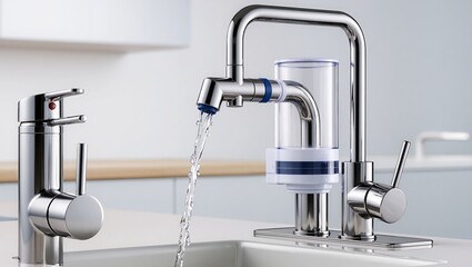 Close-up of a faucet-mounted water purifier with sparkling clean tap, water droplets on the spout, set in a bright kitchen sink with minimal modern interior design