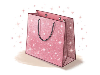 Sparkling pink gift bag with starry accents isolated on transparent background