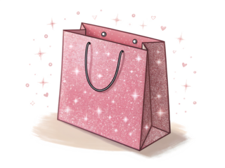 Sparkling pink gift bag with starry accents isolated on transparent background