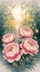 Bunch of Peony Flowers Hand Drawn Illustration