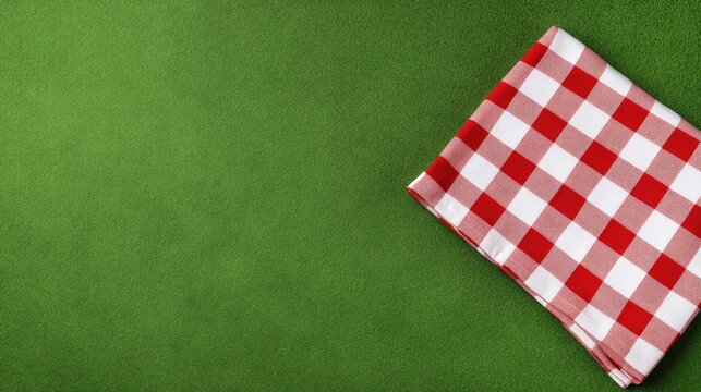 Red and white checkered tablecloth on green grass background for picnic or barbecue party with space for text