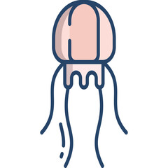 Pink Jellyfish Icon with Blue Outline and Tentacles Floatiing Underwater Transparent Background