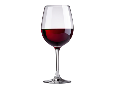 Elegant clear glass goblet filled with deep red wine beverage presented on a transparent background with subtle highlights and reflections showcasing the rich color and clarity of the liquid