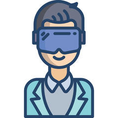 Person Wearing Virtual Reality Headset Smiling Directly At Viewer With Blue Goggles and Light Blue Jacket Over Gray Shirt Transparent Background