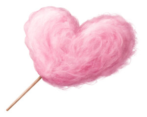 Pink heart shaped cotton candy isolated on transparent background
