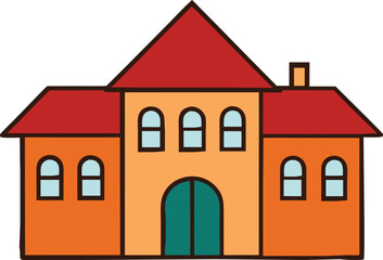 Cartoon illustration of a whimsical orange and red building with arched windows and a peaked roof isolated on transparent background